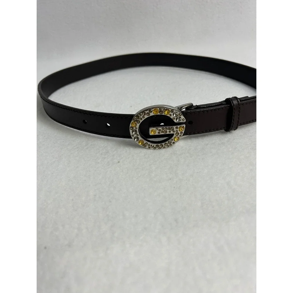 Y2K Glam Guess Womens Small Dark Brown Rhinestone G Logo Slim Belt Silver Buckle